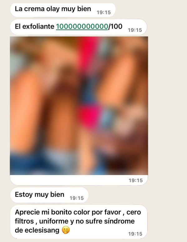 Mensajes de WhatsApp de una clienta sobre la crema y el exfoliante