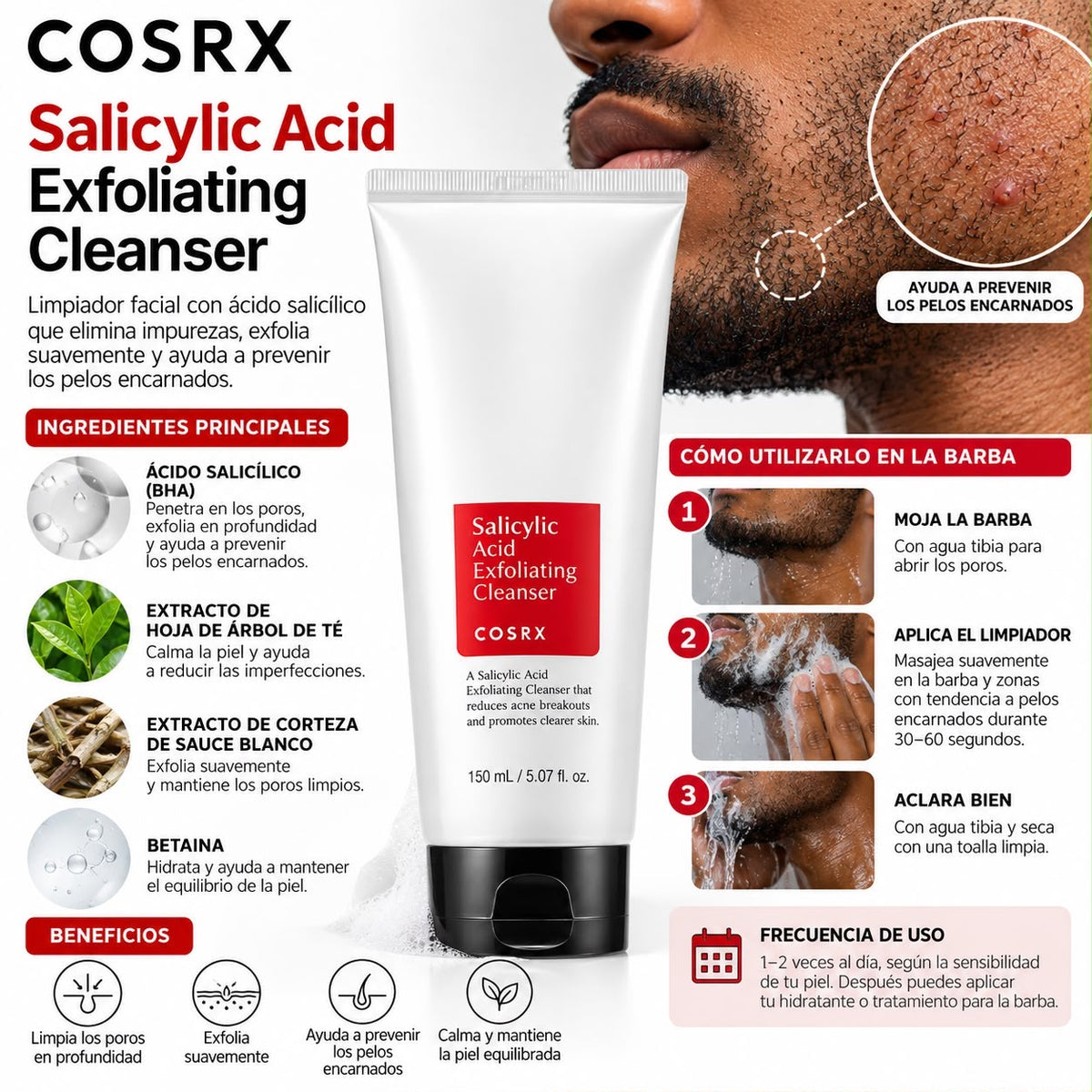 Ingredientes principales y modo de uso del limpiador COSRX Salicylic Acid Exfoliating Cleanser