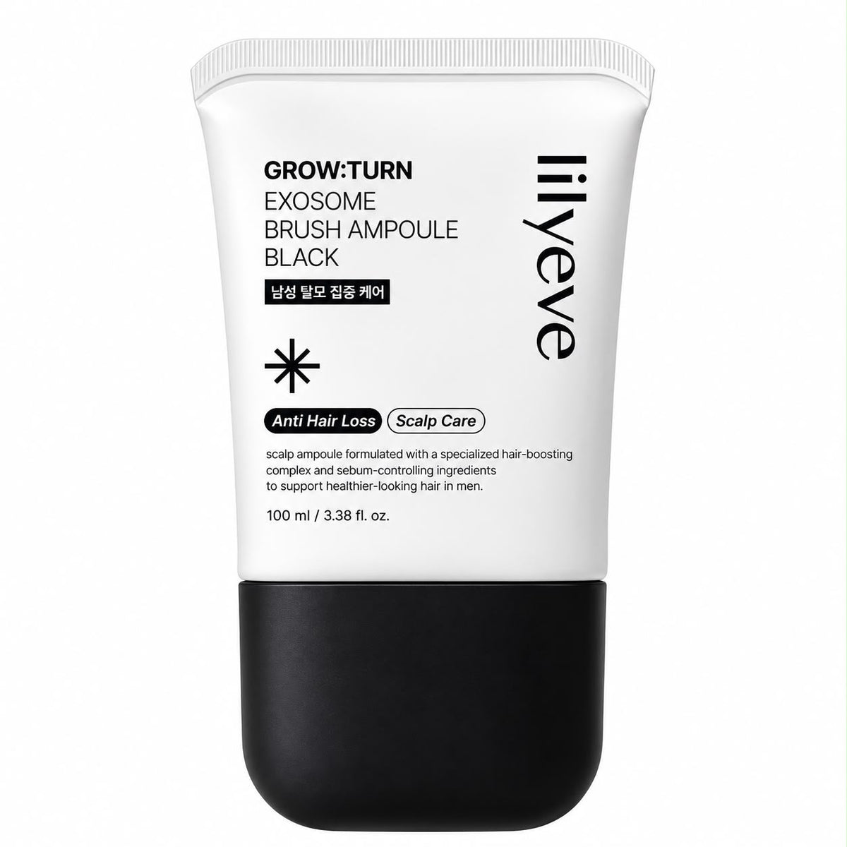 Envase de lilyeve Grow:Turn Exosome Brush Ampoule Black sobre fondo neutro
