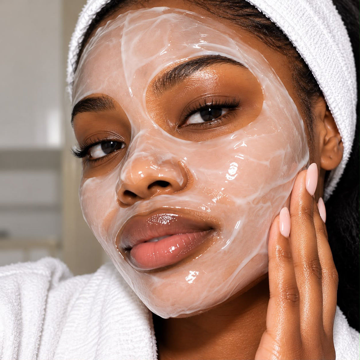 Mujer con la mascarilla de celulosa Dr.Althea 345 Relief Cream Mask aplicada