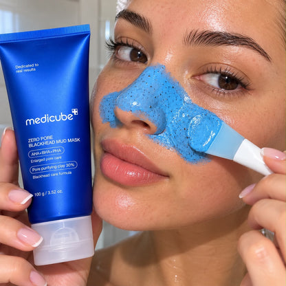 Aplicación de la mascarilla Medicube Zero Pore Blackhead Mud Mask sobre la nariz